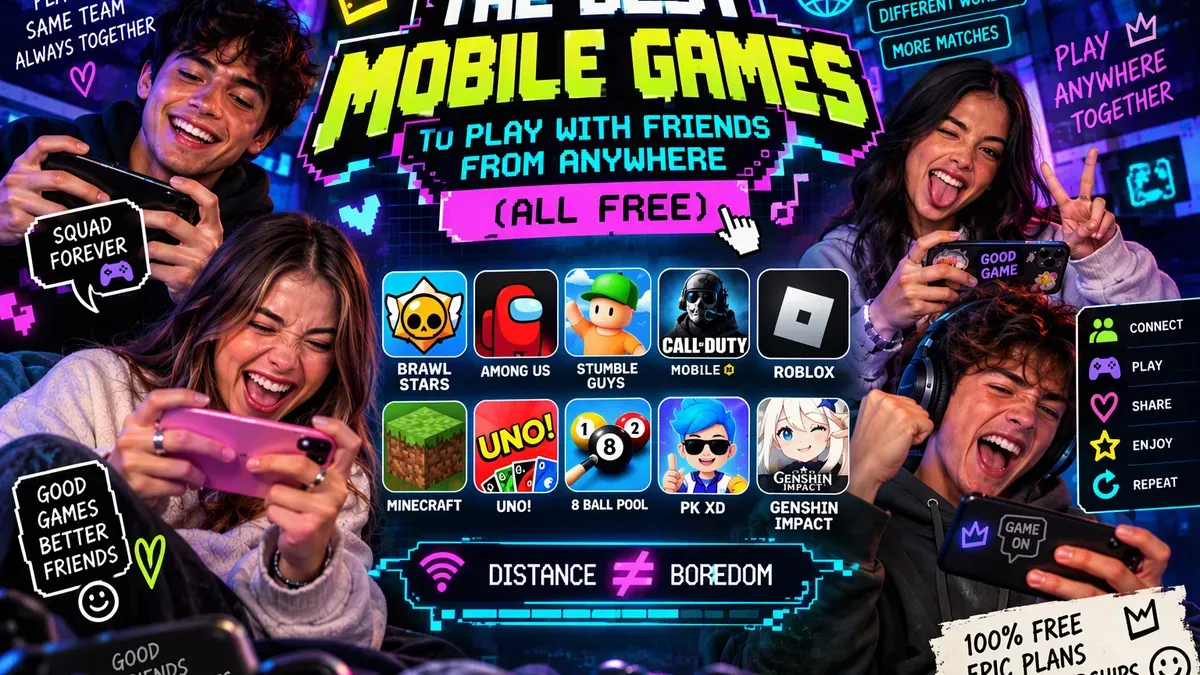 Cover for best mobile games to play with friends from afar: blue background with red details