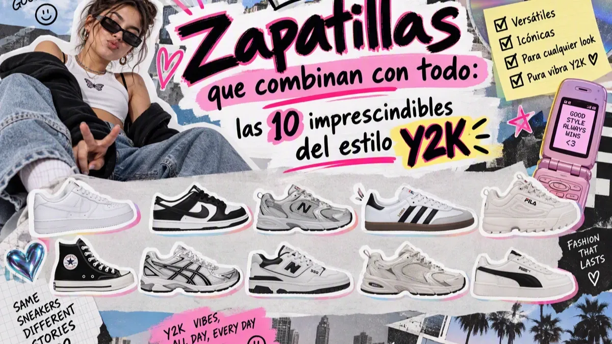 Portada del artículo de zapatillas Y2K: fondo gris claro con detalles rosa y ocres